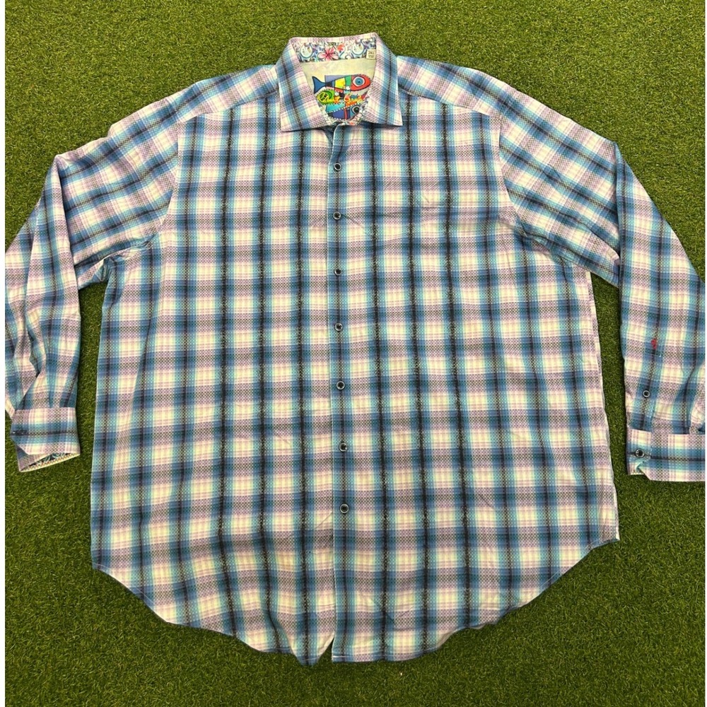 Robert Graham Mens 2XL Blue Purple Plaid Long Sleeve Button Down Shirt Fish Trim